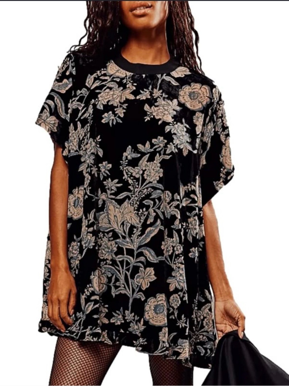 Free People Floral Black mini dress with Cream Velvet Print XS